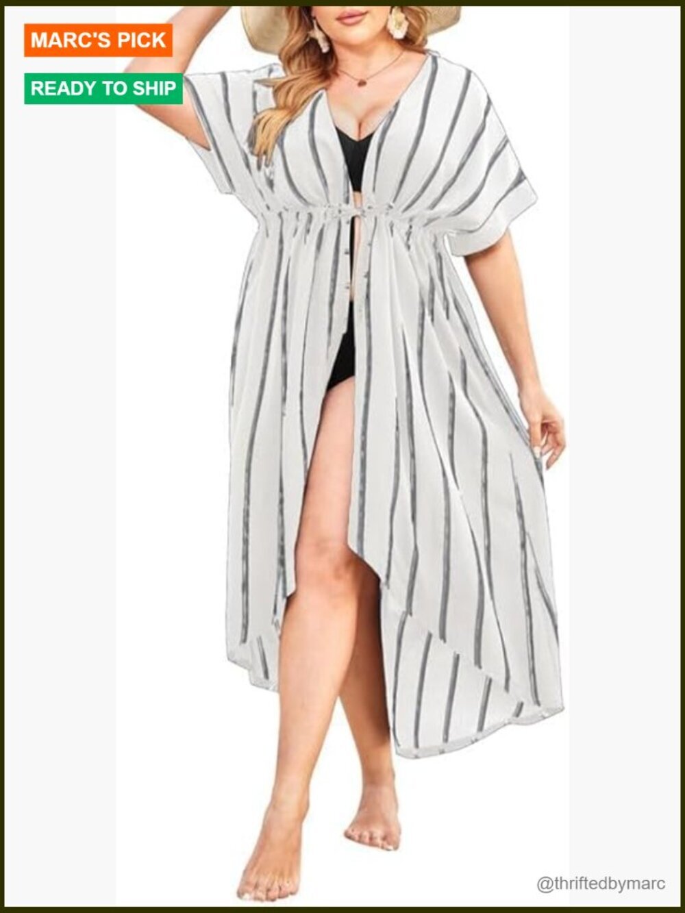 Plus Size Long Stripe Kimono Cover Up Tie Front Swimsuit Beachwear